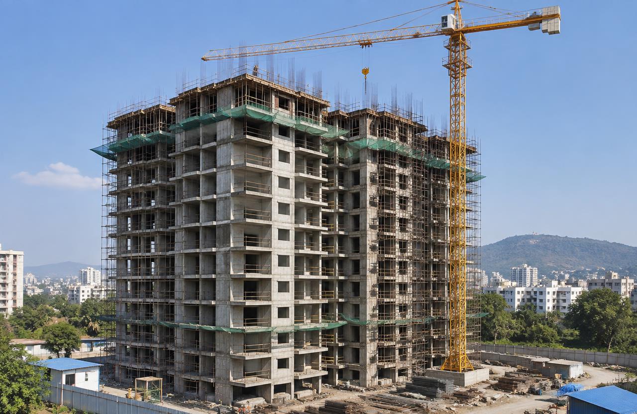 Apartment Building Construction by PuneConstructions — 12-storey apartment building RCC frame with tower crane in Pune