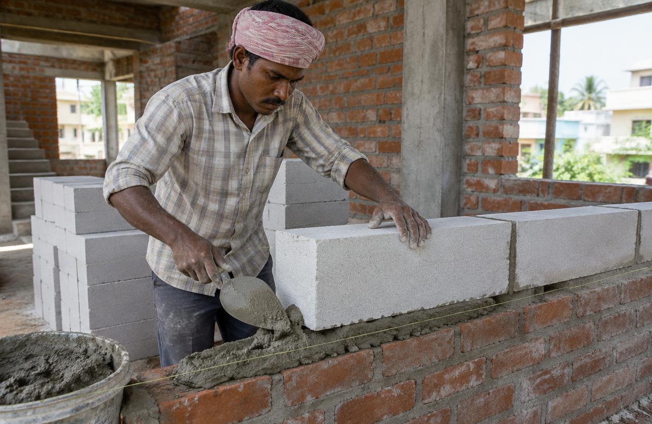 Mason laying AAC blocks on a house wall