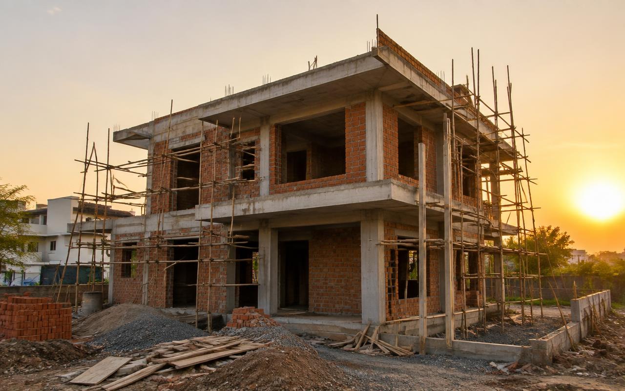 Two-storey bungalow under construction with brick walls and scaffolding in Pune