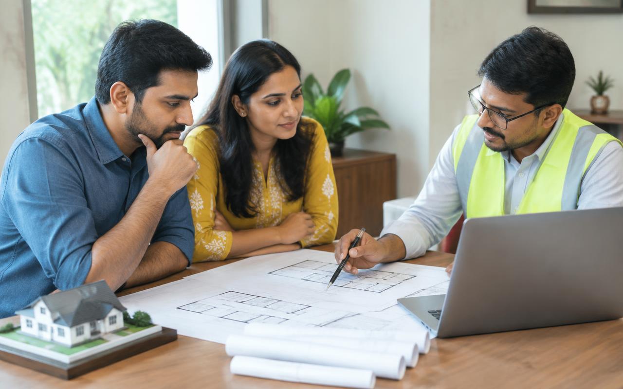 Homeowner couple reviewing house plans with a civil engineer