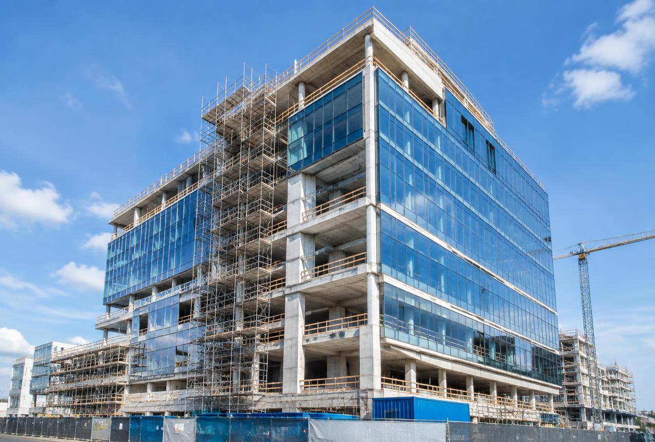 Commercial office tower under construction with scaffolding