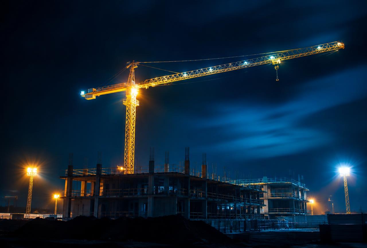 Floodlit construction site with tower crane at night