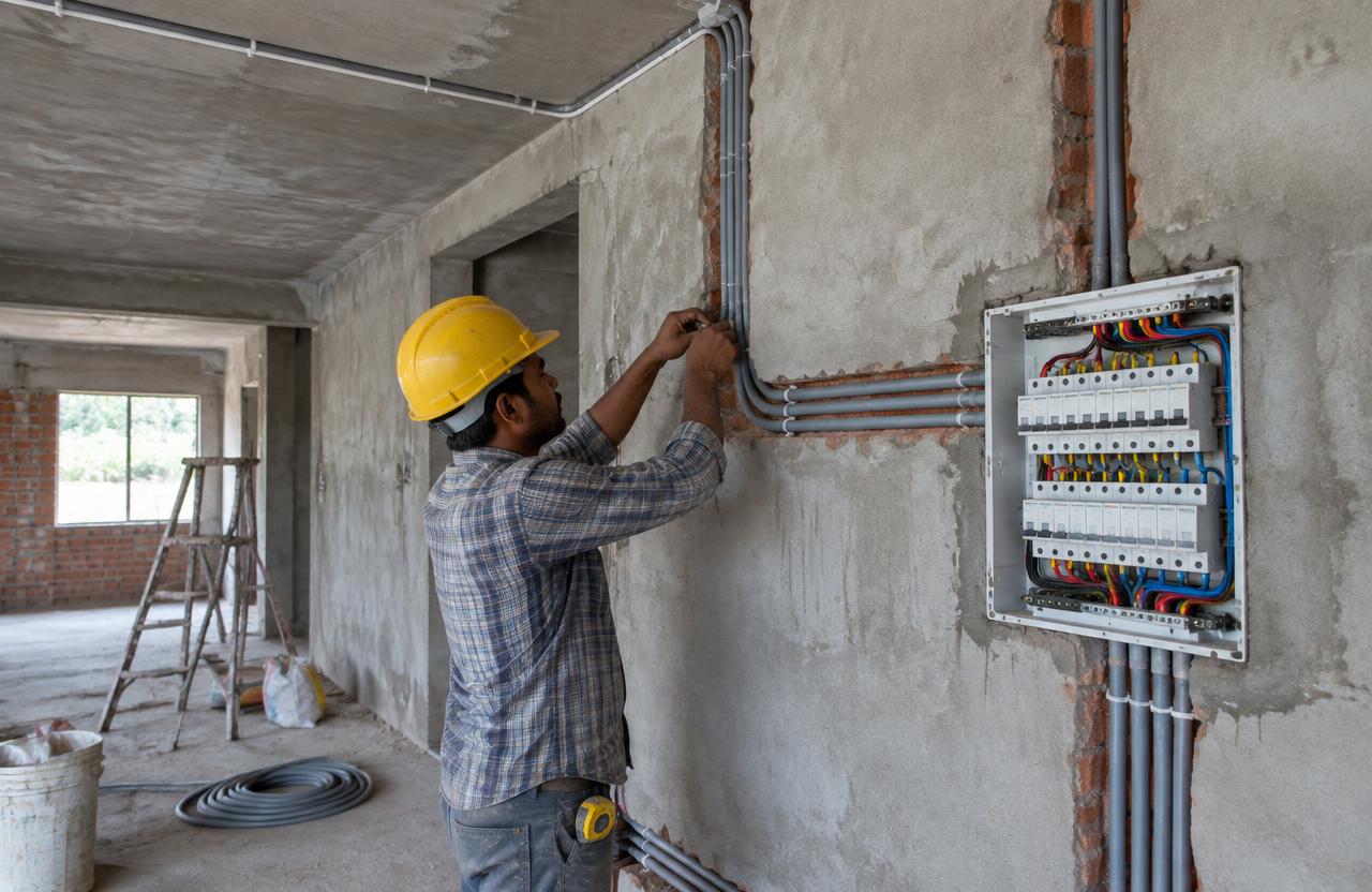 Electrician fitting conduit wiring and distribution board