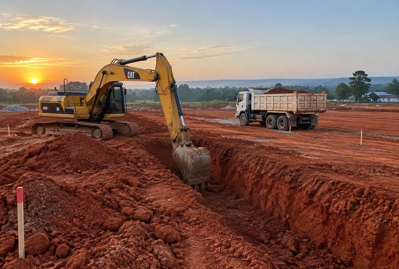 Excavator cutting foundation trenches on a cleared plot