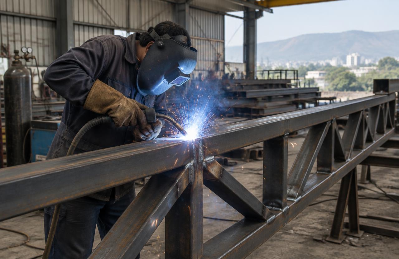 Welder fabricating a steel truss in a Pune workshop