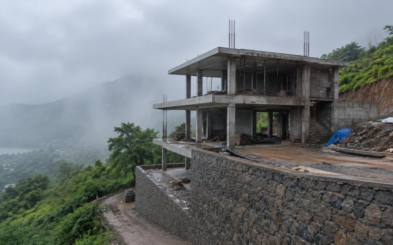 Villa RCC frame and stone retaining wall under construction on a Lonavala hill slope — Kamshet