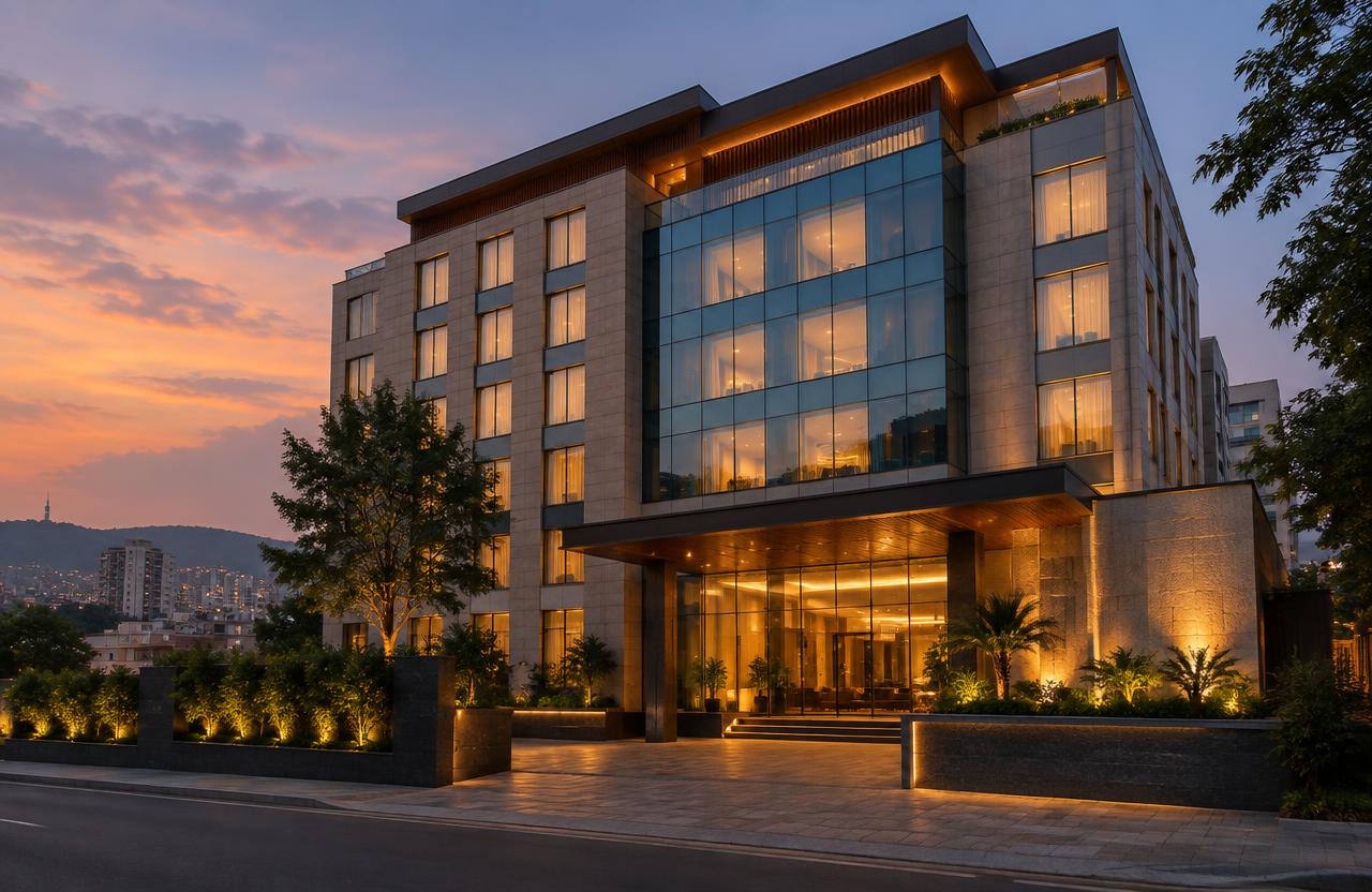 Business hotel with glass and stone facade at dusk in Pune