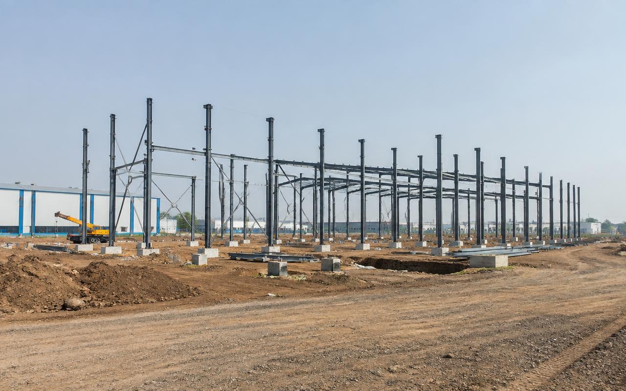 Steel columns erected for a PEB factory shed on an industrial plot near Chakan