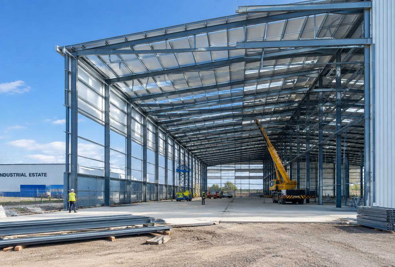 Pre-engineered industrial steel shed erection in progress