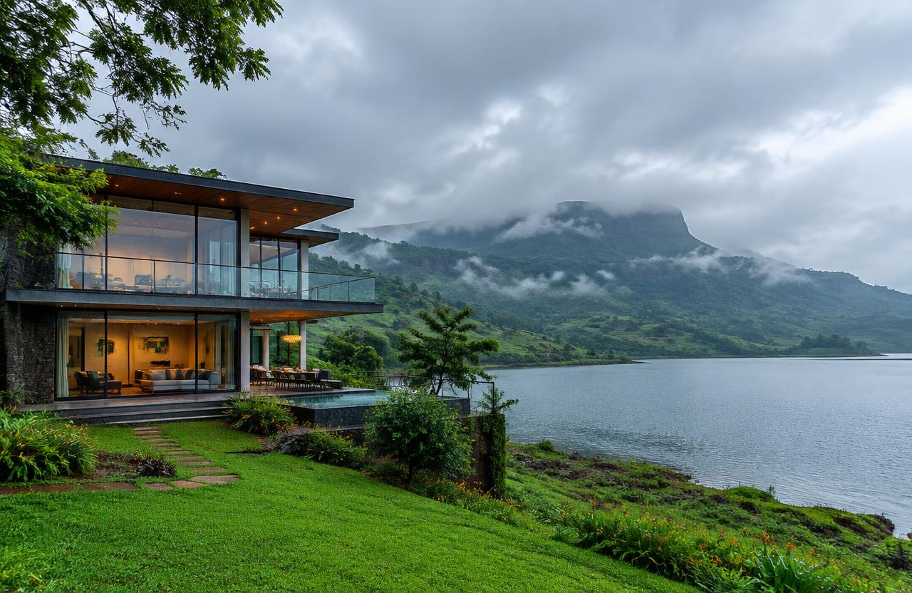 Villa Construction by PuneConstructions — Glass-fronted lakeside villa in Mulshi during the monsoon