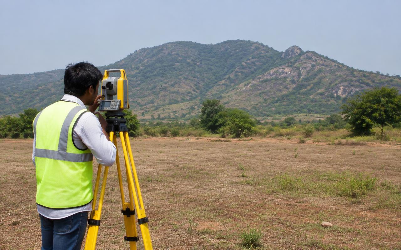 Surveyor using a total station to mark out an empty plot near Pune