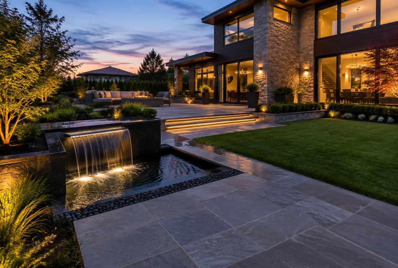 Hardscaped garden with stone paving and water feature at dusk