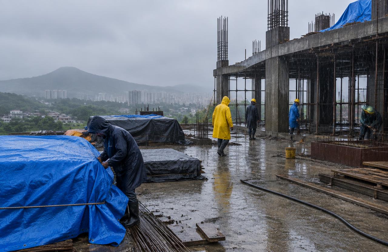 Construction site protected during monsoon rain near Pune
