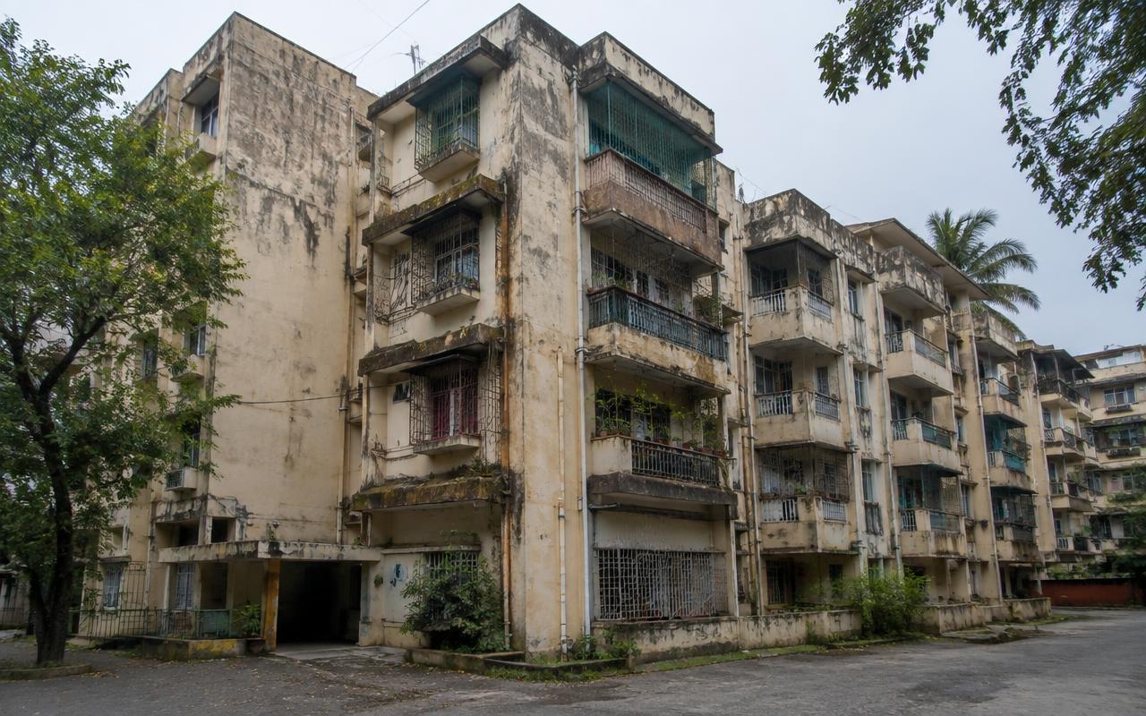 Old 1980s Pune housing society building awaiting redevelopment