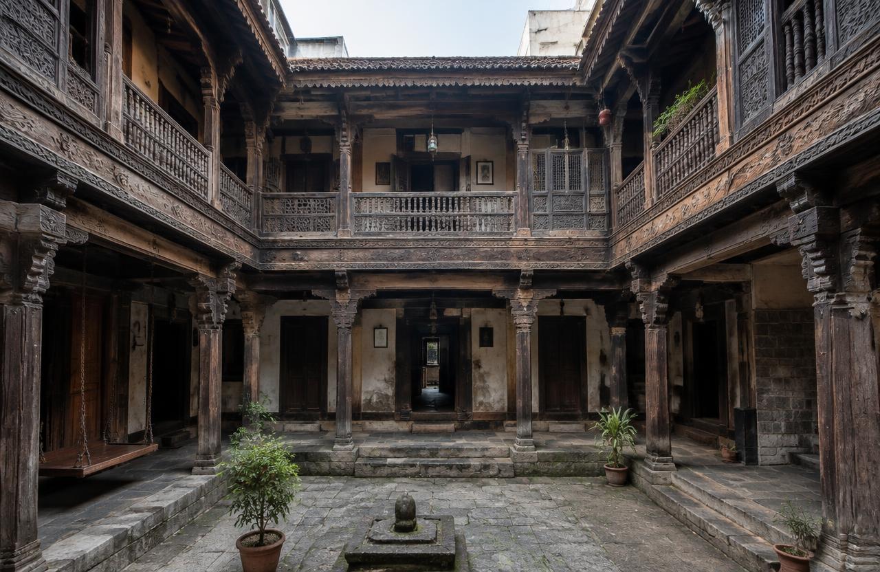 Traditional Pune wada courtyard with carved wooden balconies — Narayan Peth