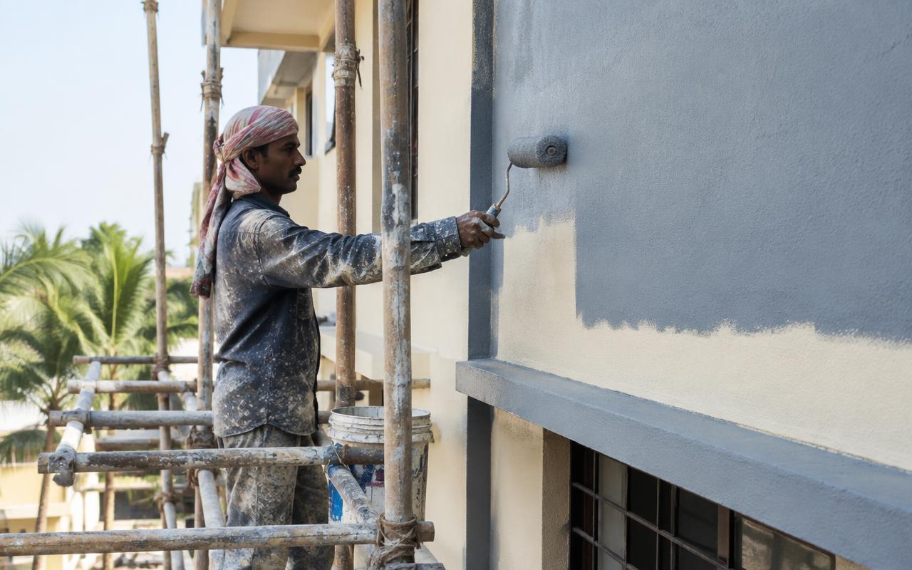 Painter applying exterior paint to a building facade from scaffolding