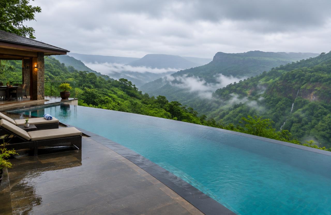 Infinity pool at a hillside villa overlooking the Sahyadri valley