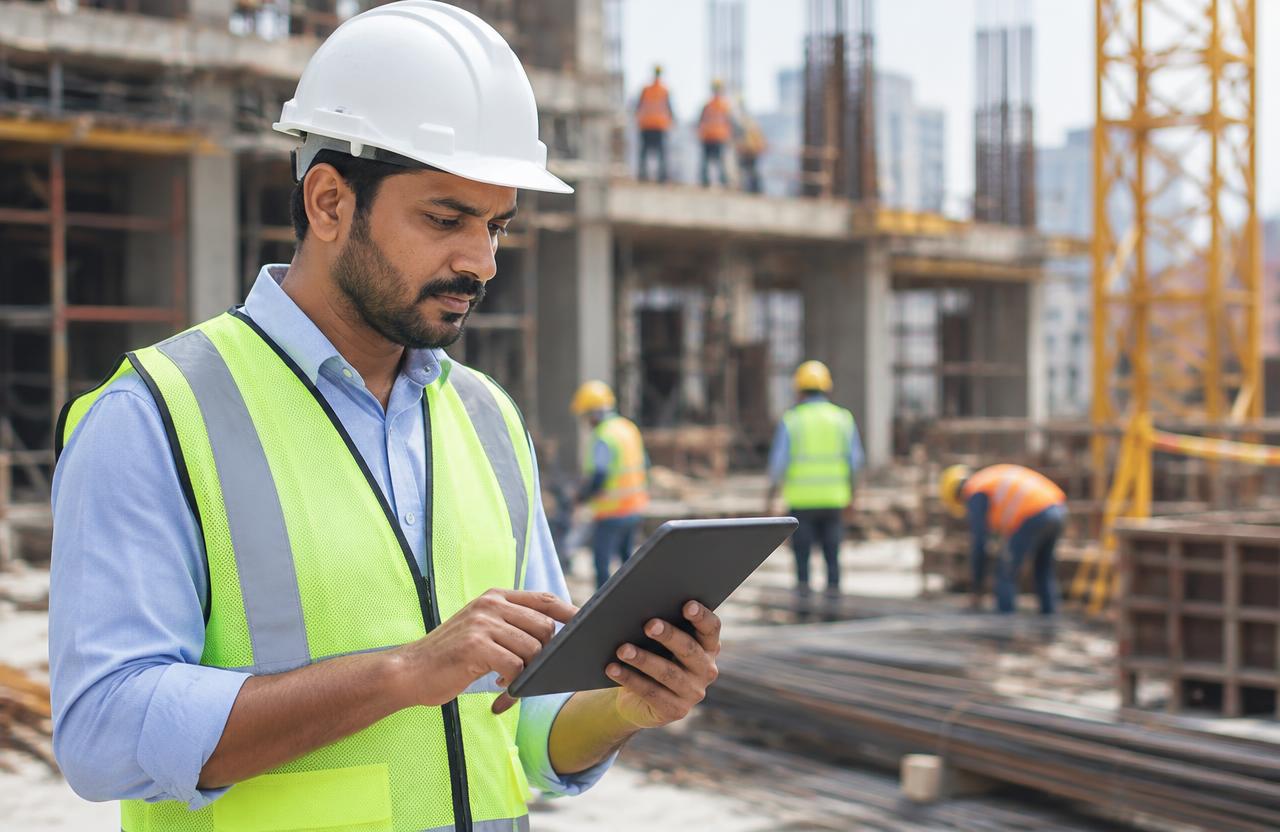 Project manager tracking schedule on a tablet at site