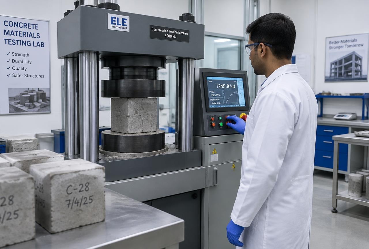Concrete cube compression testing in a materials lab