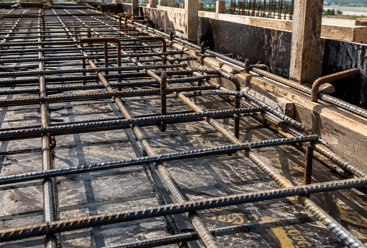 Reinforcement steel and formwork ready for a slab pour