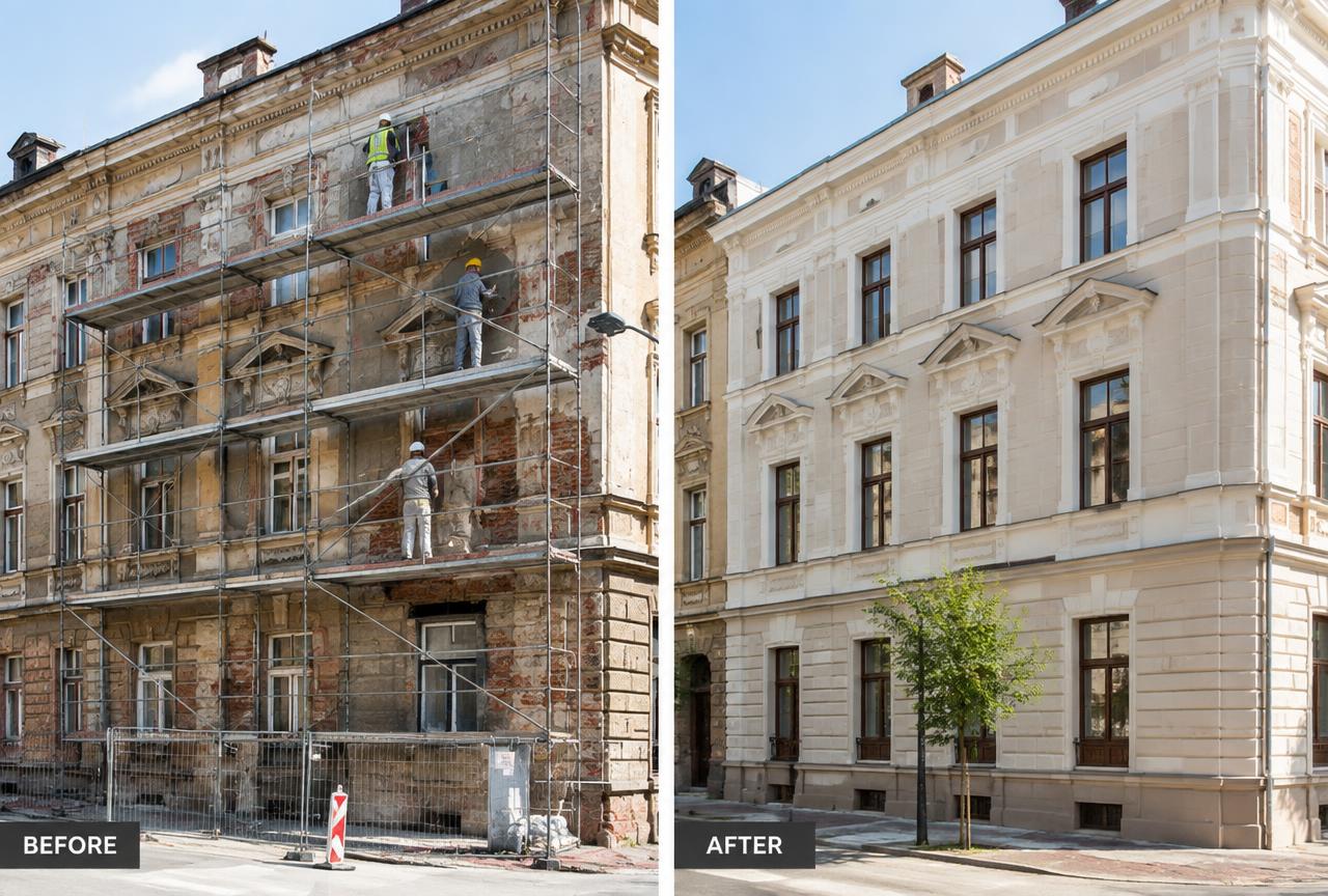 Building renovation and facade restoration with scaffolding