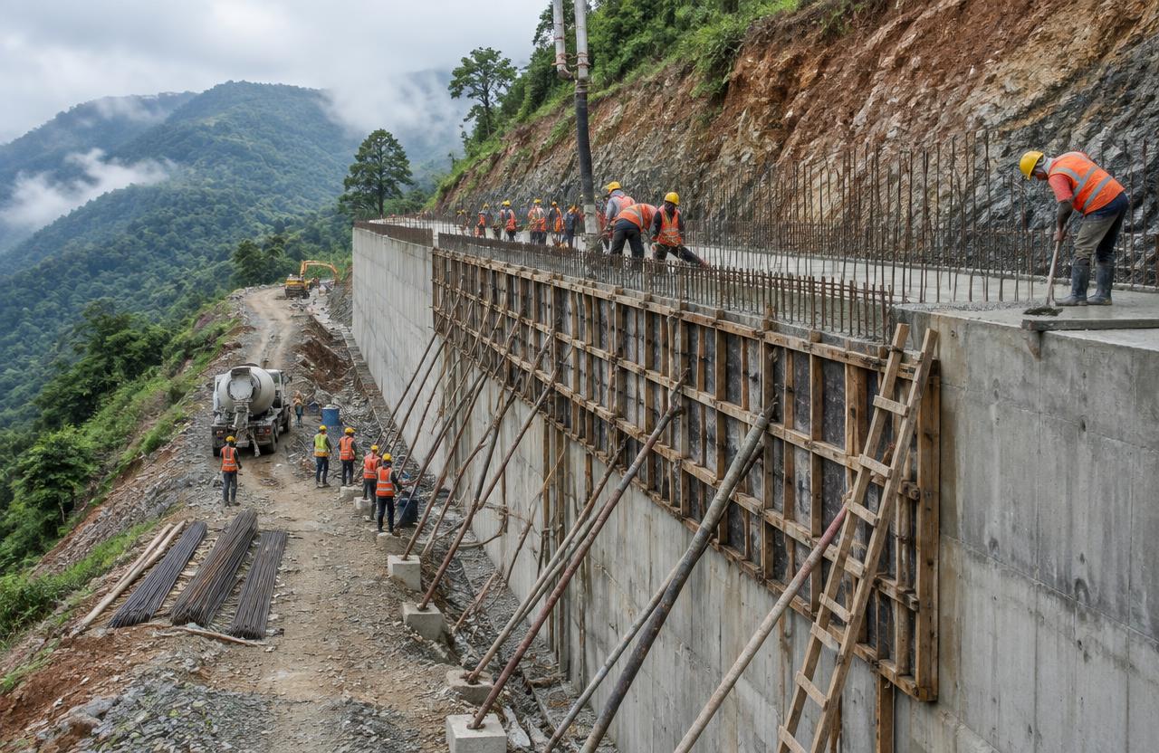 RCC retaining wall under construction on a ghat road