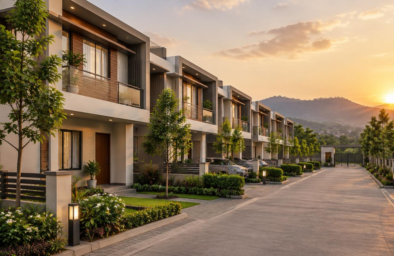 Row House Construction by PuneConstructions — Gated row house community near Pune at sunset