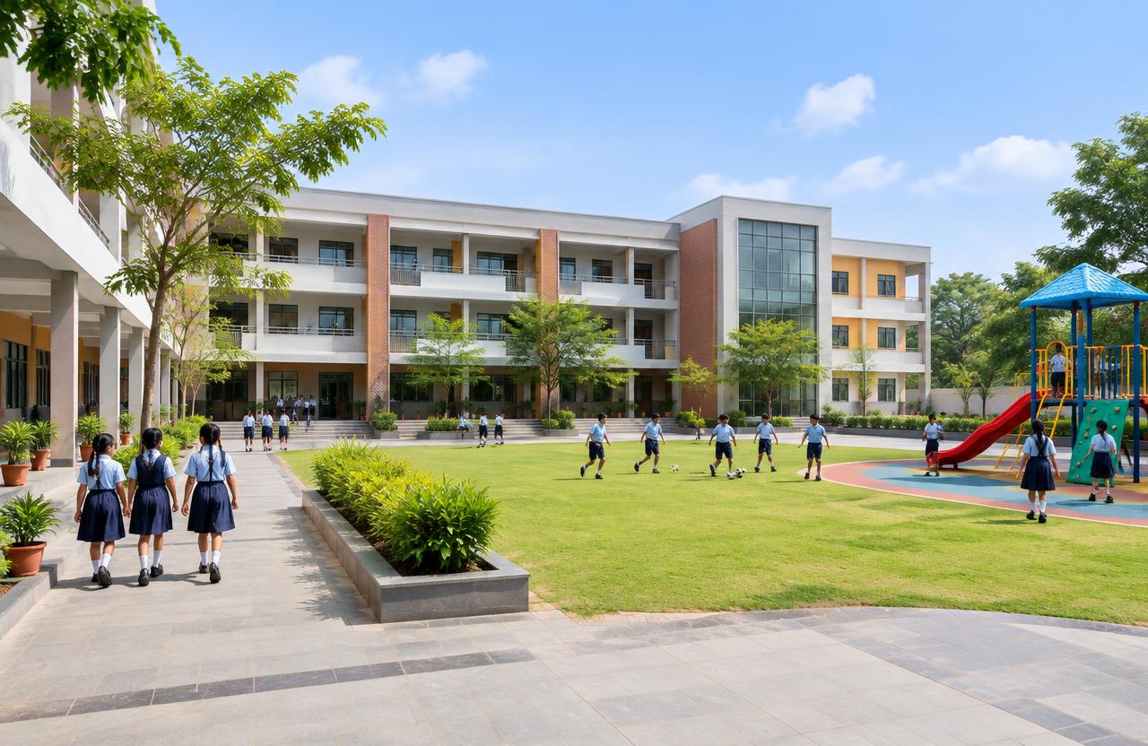 Modern school building with courtyard and playground