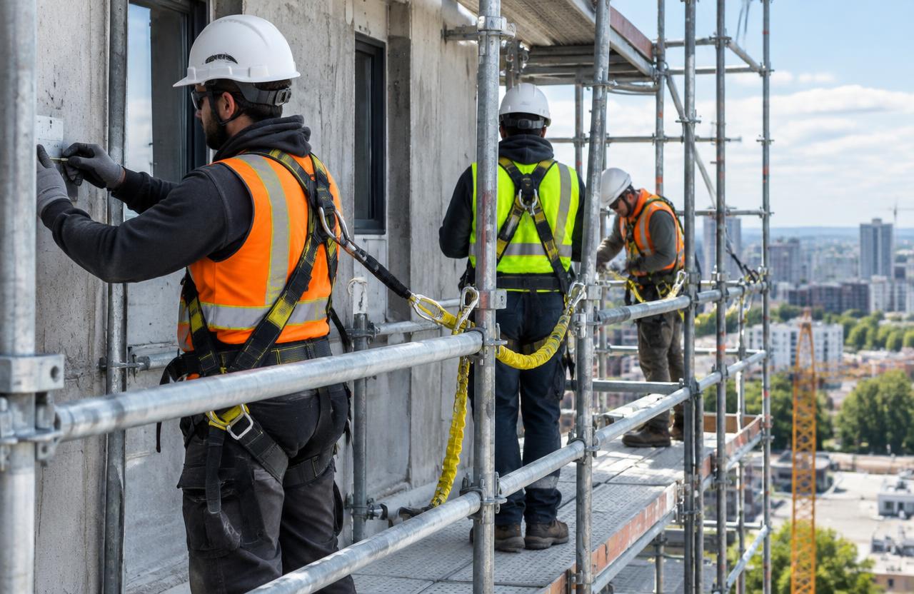 Workers in harnesses and helmets on scaffolding
