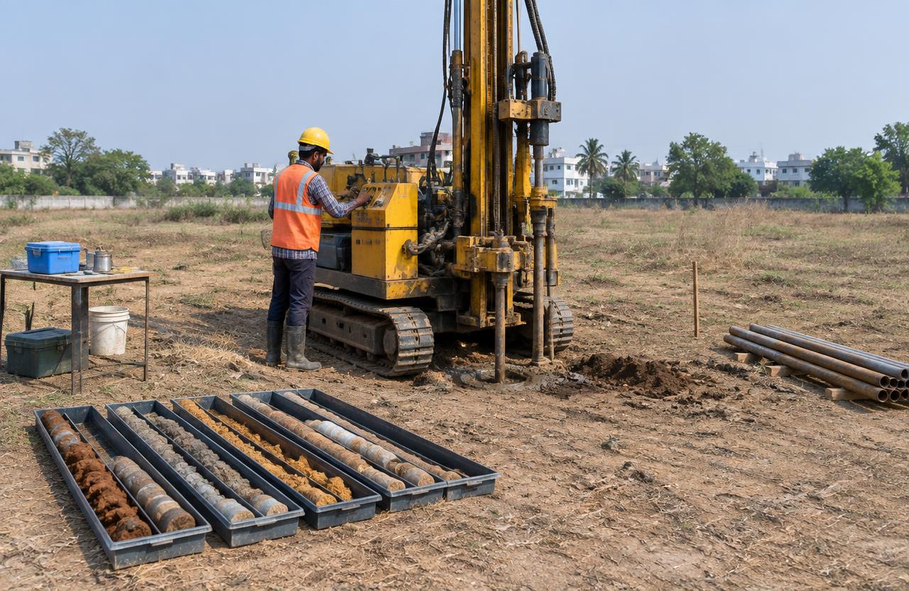 Soil testing borehole rig with core samples on a plot