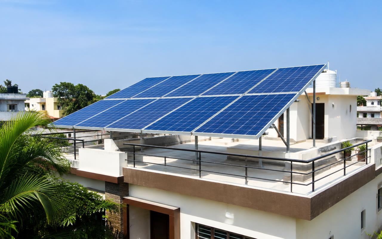Rooftop solar panels on a residential bungalow terrace in Pune — Project Management Consultancy