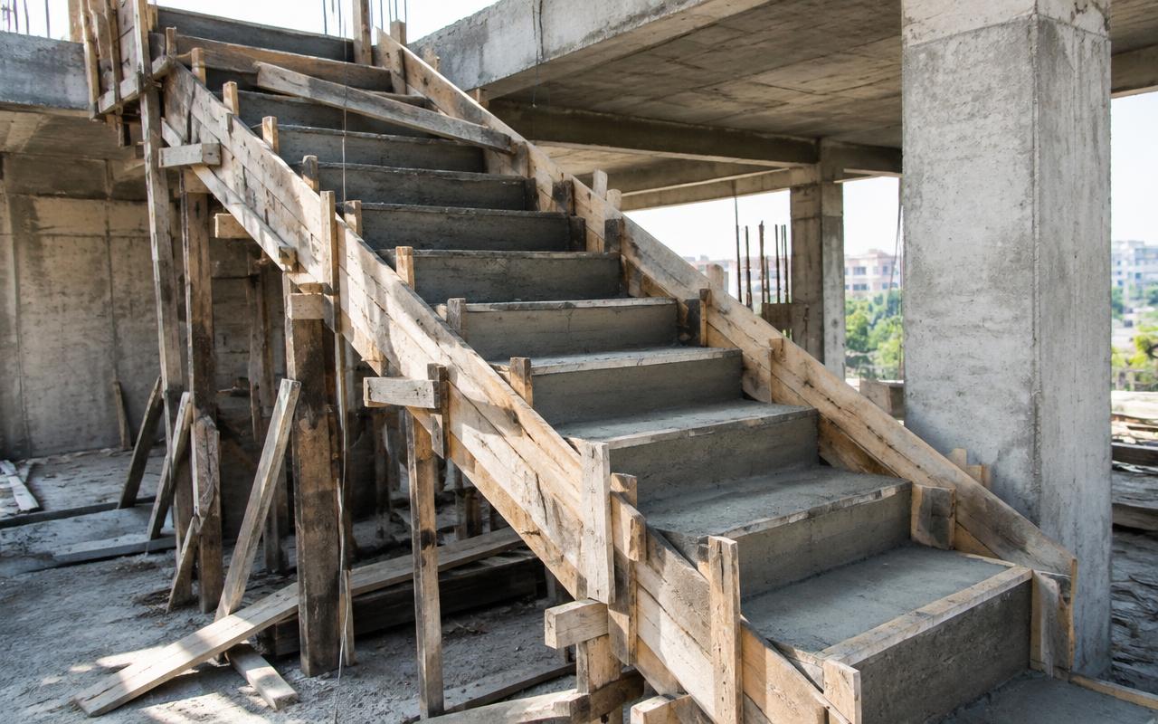 RCC staircase cast with timber shuttering inside a building under construction