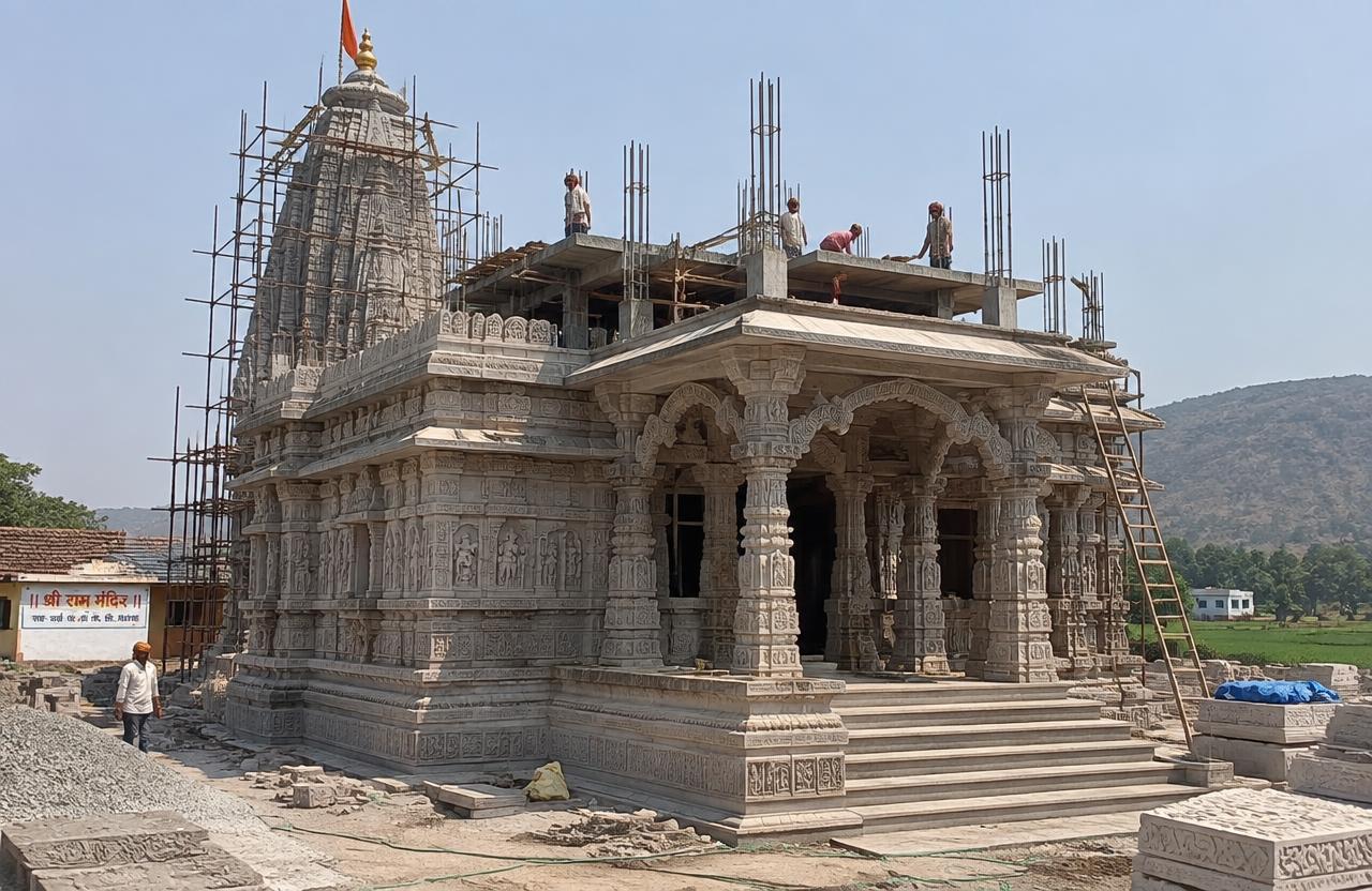 Carved stone temple nearing completion in rural Maharashtra