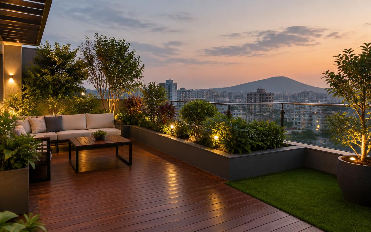 Rooftop terrace garden with timber deck on a Pune apartment at dusk