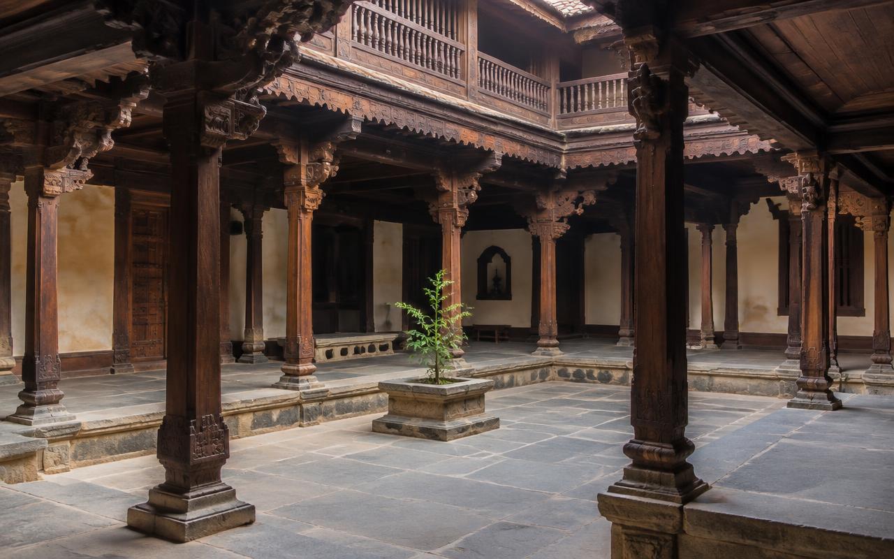 Heritage Pune wada courtyard with carved teak pillars and brackets — Narayan Peth